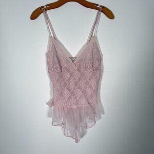 Vintage Pink Mesh Bodysuit With Ruffle Thing Bodysuit Sheer Coquette L